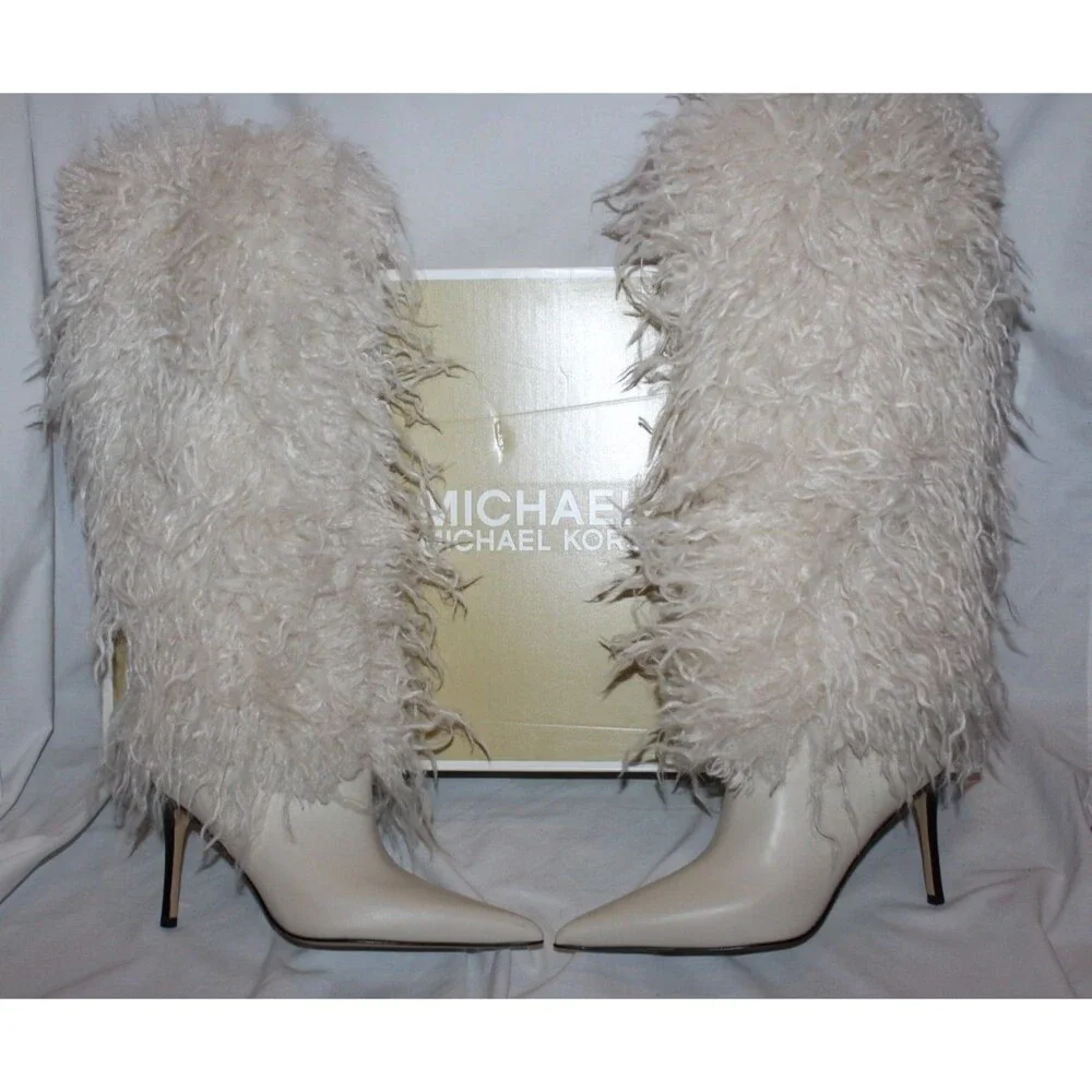 Michael Kors Women's Dawn Heeled Tall Fur Boots NEW $385 Natural Sz 7.5